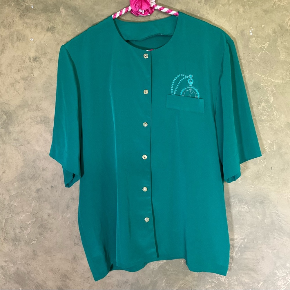 Vintage 80s | Emerald Green Pocket Watch Embroidered Blouse | Large